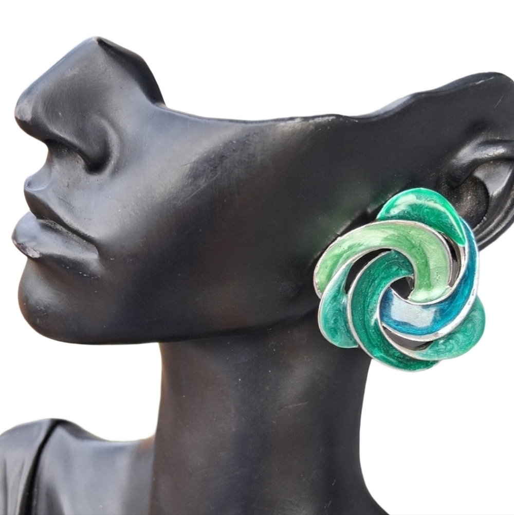 Vintage 80s Jewel Tone Enamel Swirl Stud Earrings - Teal & Emerald
